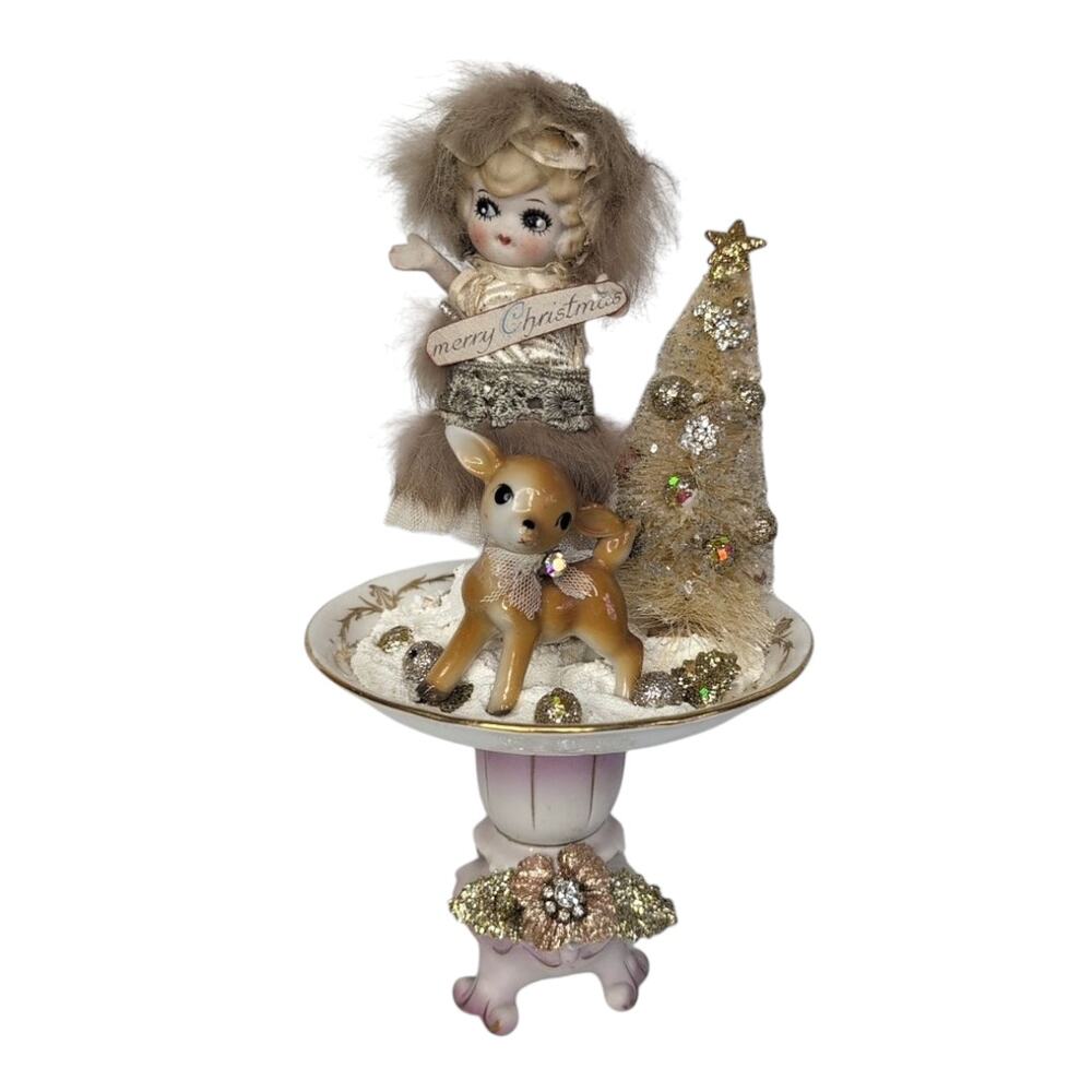 Handmade Christmas Assemblage on China Pieces Bottlebrush Tree Deer Doll